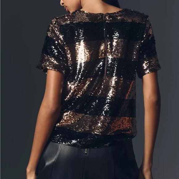 Anthropologie Maeve Short-Sleeve Sequin Striped Top Size - Picture 2 of 10